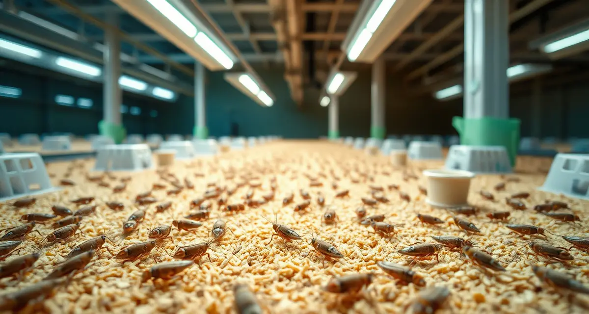 Professional cricket farming setup for Acheta domesticus species House crickets (Acheta domesticus) in controlled farming habitat with professional ventilation and feeding systems for commercial cricket production