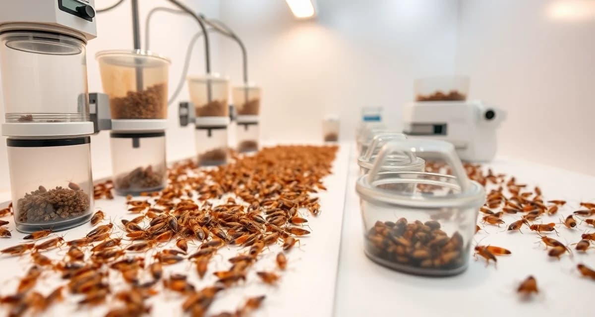 Cricket farming FCR benchmark optimization Acheta domesticus crickets in controlled farming environment with FCR measurement equipment and feed optimization systems for insect protein production.