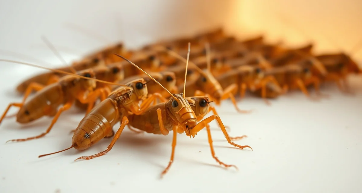 Cricket harvest timing and maturity assessment Mature Acheta domesticus crickets at optimal harvest timing stage in cricket farming operation, showing full body development and harvest-ready visual indicators.