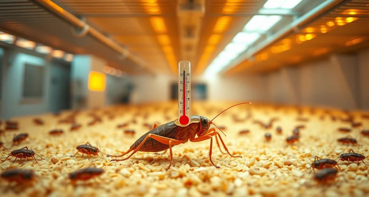 Cricket farming temperature control for maximum growth rates Acheta domesticus cricket temperature requirements chart showing optimal breeding conditions by life stage with thermometer displaying 85°F ideal temperature