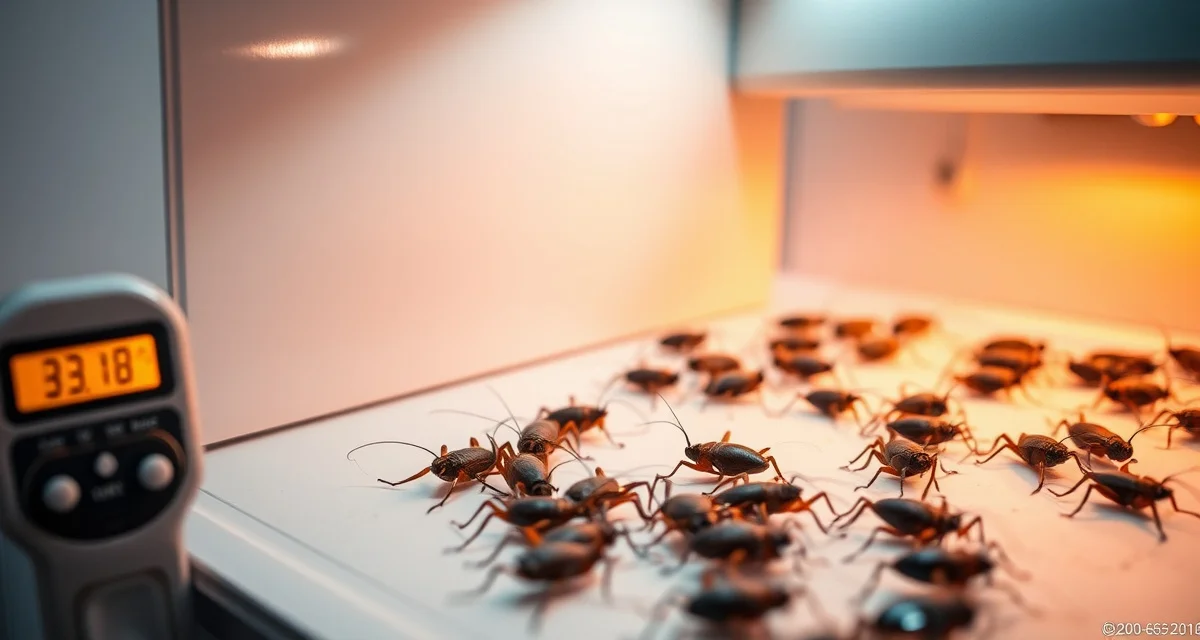 Optimal temperature control for adult cricket farming Adult cricket temperature management setup showing thermometer and controlled breeding environment for optimal lifespan and reproduction