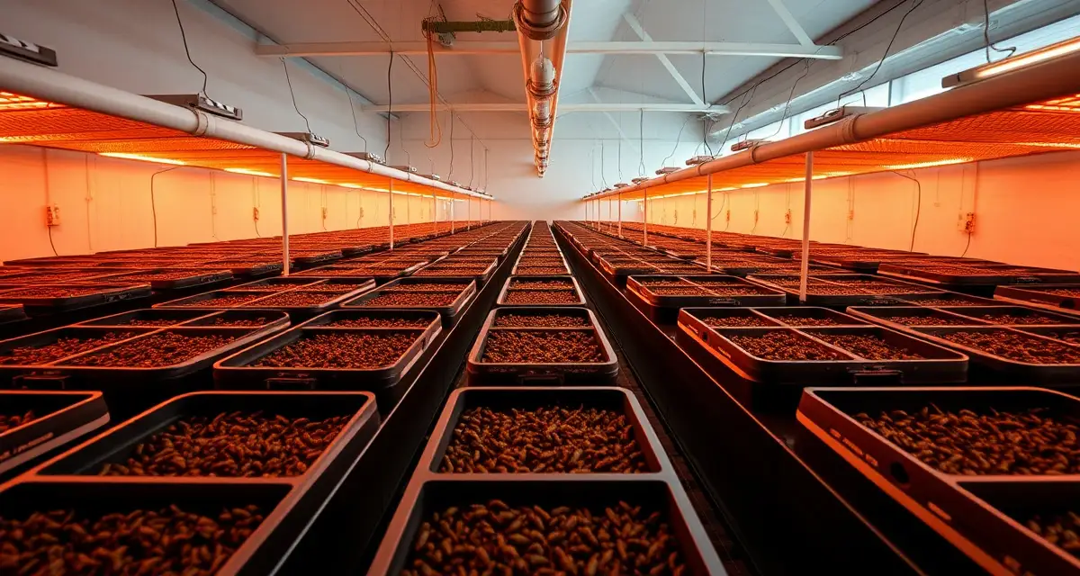 Climate-controlled cricket farm facility in Alaska Indoor cricket farming operation in Alaska with temperature-controlled growing containers and heating infrastructure for sustainable insect protein production