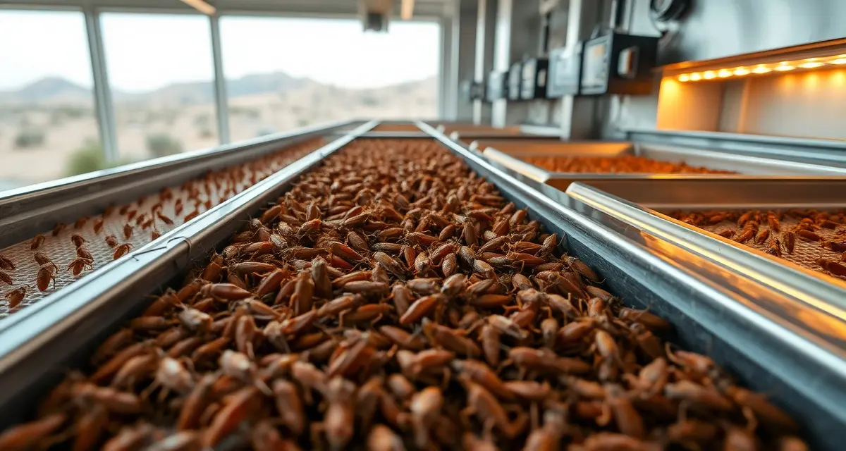 Humidity control system for arid climate cricket farms Cricket farming operation in arid climate with humidification equipment maintaining optimal humidity levels for insect protein production