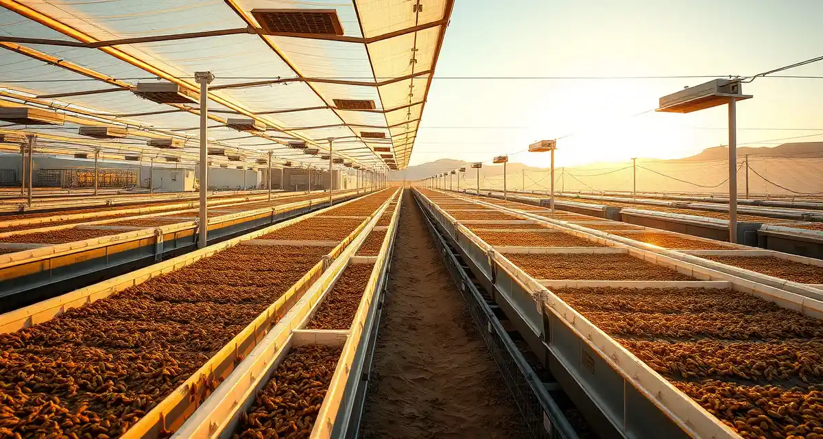 Climate-controlled cricket farm in Arizona desert Arizona cricket farming facility with industrial cooling systems managing desert heat for year-round insect protein production operations