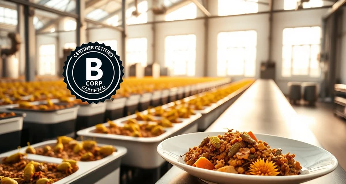 B Corp Certification adds value to cricket protein brands B Corp certification badge displayed with cricket farming equipment and premium food service applications for sustainable protein production