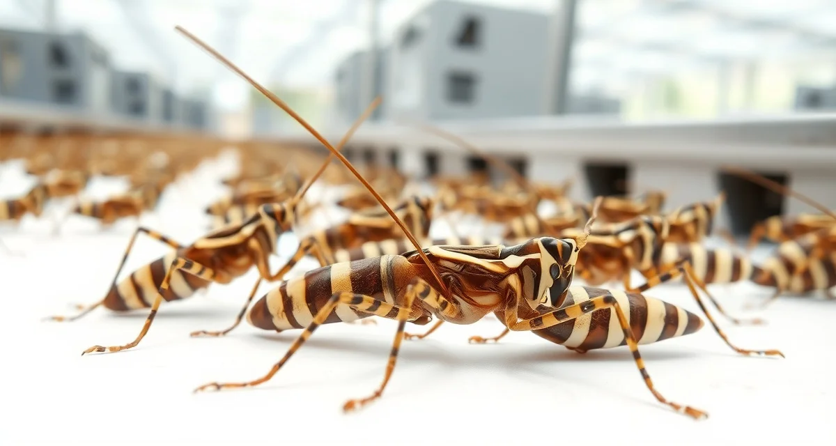 Gryllodes sigillatus banded cricket farming Banded crickets (Gryllodes sigillatus) displaying characteristic stripes in professional cricket farming operation with optimal housing conditions.