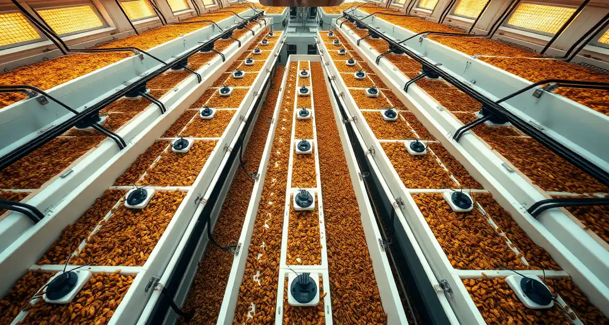Feed conversion ratio optimization in cricket farming bins Cricket farming bins with feed optimization systems showing improved FCR performance tracking and measurement setup