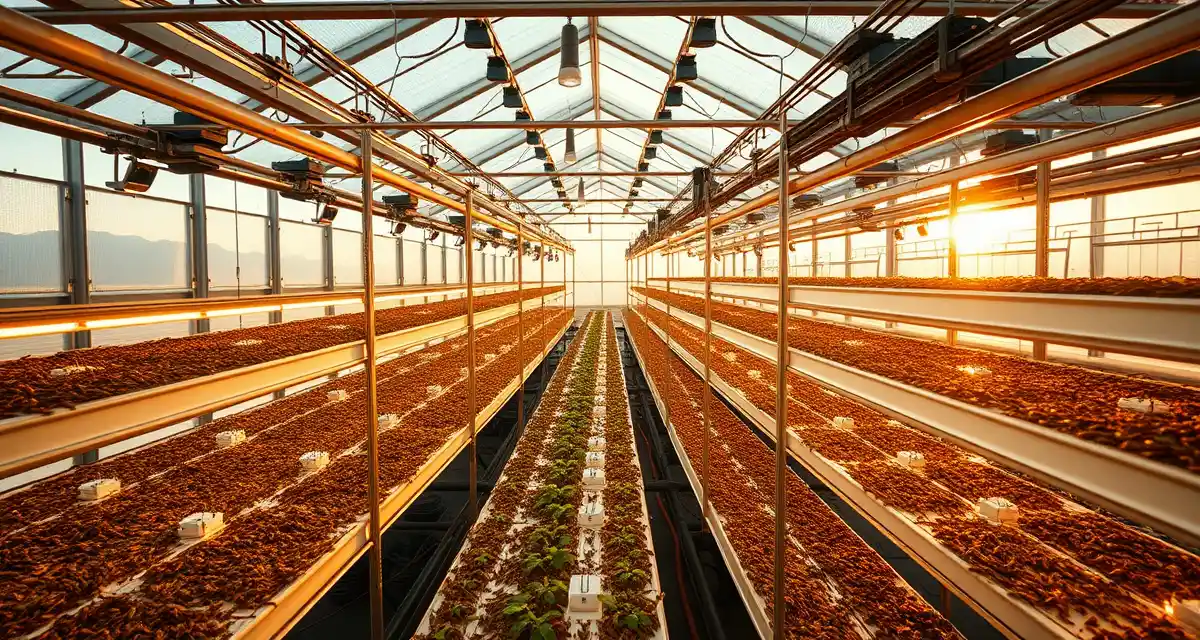 California cricket farm interior operations Modern indoor cricket farming facility in California with climate-controlled vertical farming systems for insect protein production