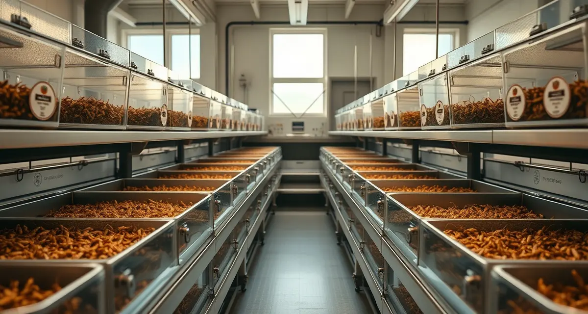 Certified humane cricket farming operation Modern certified humane insect farming facility with transparent rearing containers of healthy crickets and professional equipment setup