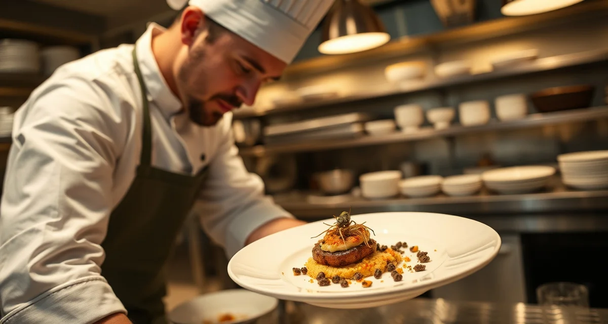 Chef preparing cricket flour recipe for restaurant menu Professional chef creating cricket flour-infused dish in modern restaurant kitchen with premium plating presentation