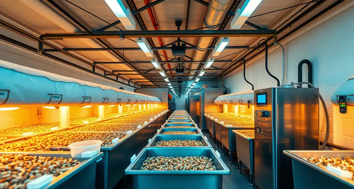 Professional cricket farm thermal insulation setup Insulated cricket farming facility with thermal management systems designed for cold climate zones 4-6 operations