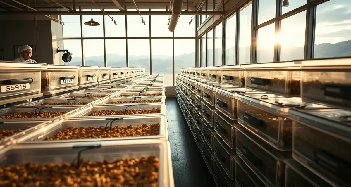 High-altitude cricket farm facility in Colorado Cricket farming operation at high altitude in Colorado with humidity control systems and breeding containers for insect protein production