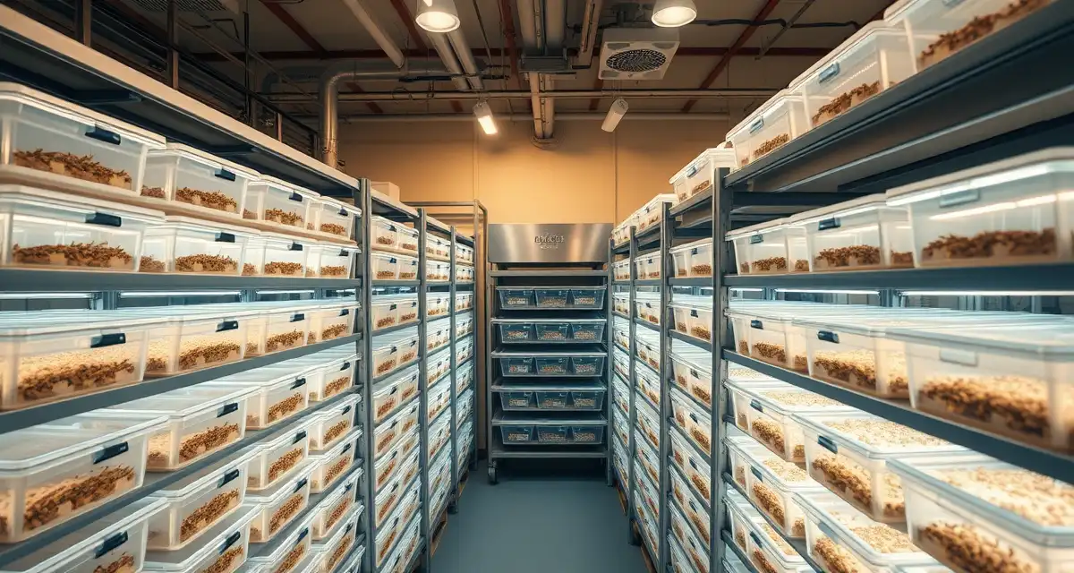 Professional cricket farming operation with organized equipment and bin systems Commercial cricket farm equipment setup showing organized bins, shelving systems, and climate control infrastructure for insect protein production