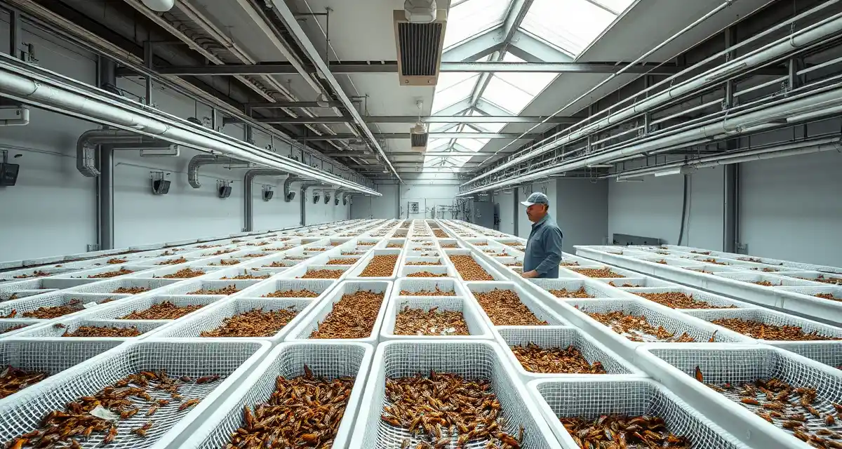 Large-scale cricket production operation Commercial cricket farming facility with 100+ bins of crickets under LED lighting in organized production rows