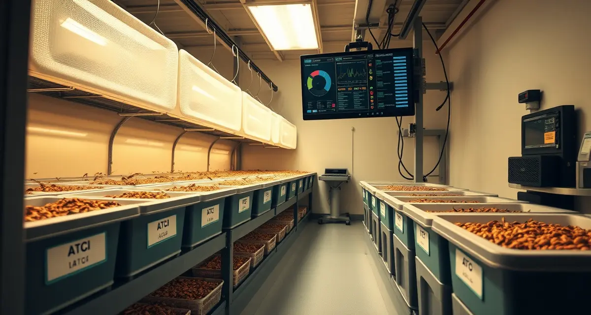 Organized cricket batch tracking setup for farm operations Cricket farming batch tracking system with labeled bins organized by ID, age, and harvest date for optimal insect protein production management.