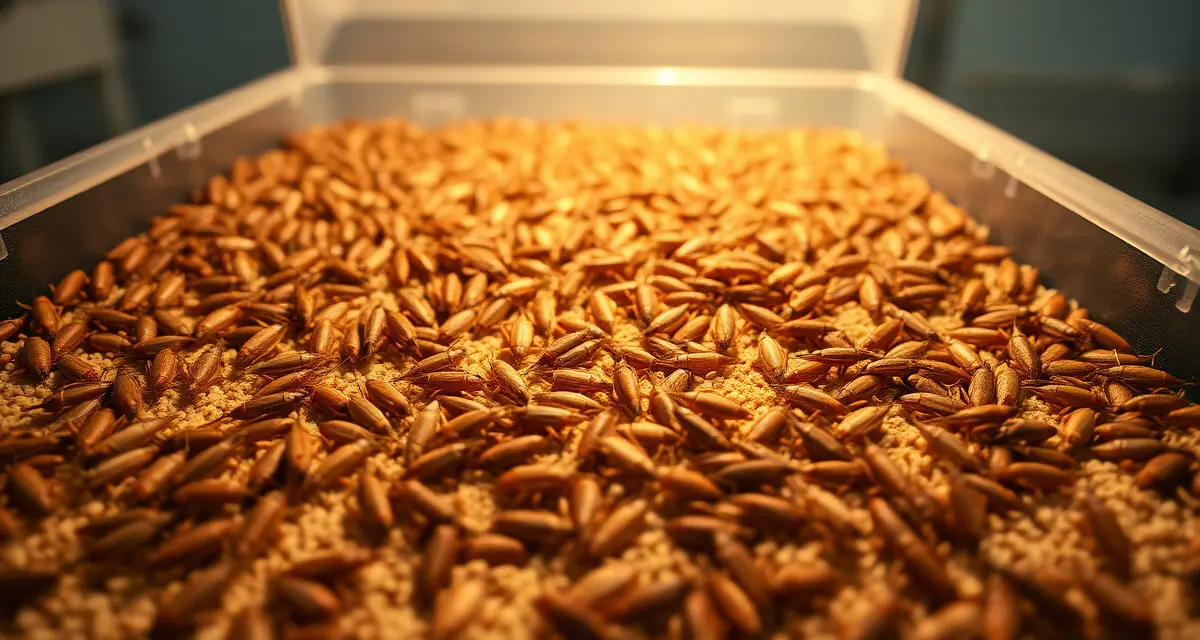 Peak harvest readiness in professional cricket farming operation Cricket farming bin at optimal harvest timing stage showing proper cricket density and readiness for maximum yield extraction