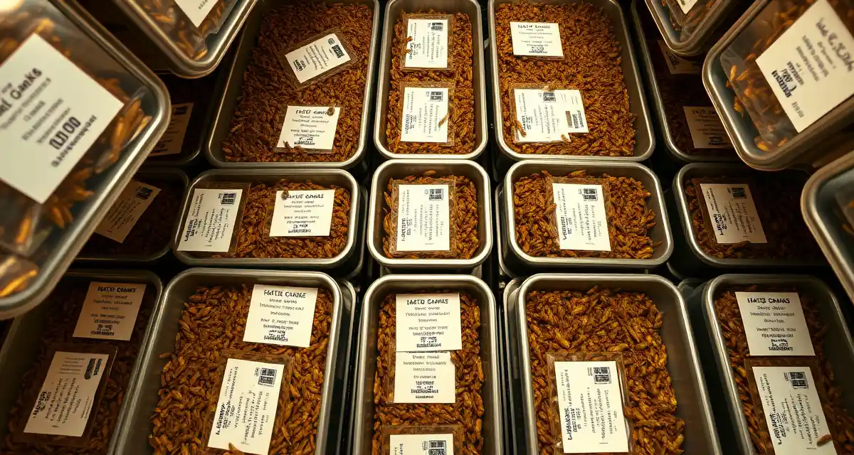 Organized cricket production bins with lifecycle tracking Cricket farming bins with hatch dates and feeding logs tracked for optimal harvest timing and feed cost management