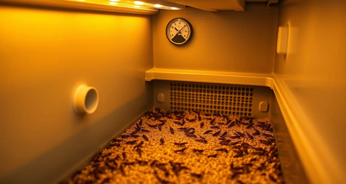 Professional moisture control setup in cricket production bins Cricket farming bin with moisture management system showing proper humidity levels and ventilation for optimal insect protein production