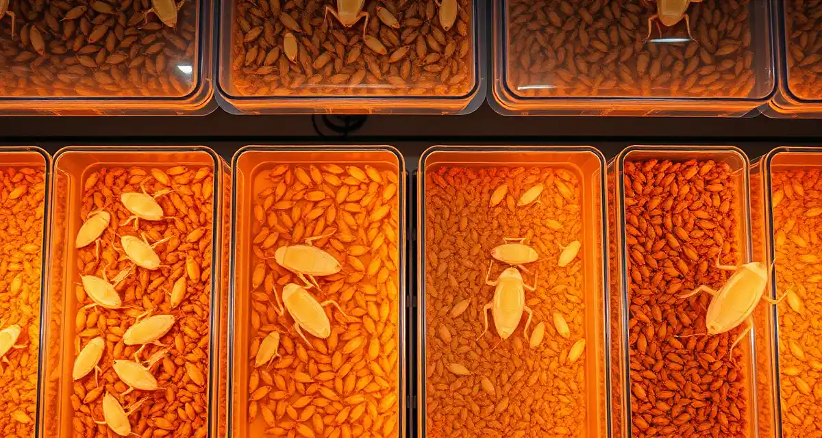 Optimal cricket farming bin stocking density by life stage Cricket bin stocking density comparison showing pinheads, juveniles, and adult crickets at optimal farming densities