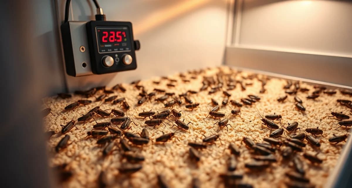 Temperature management setup for cricket breeding bins Cricket breeding bin with temperature monitoring equipment showing optimal conditions for maximizing egg output in commercial farming operations