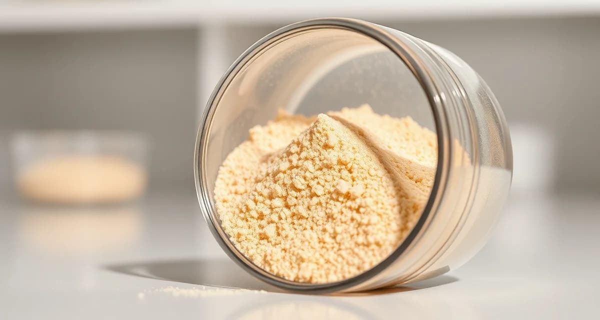 Cricket chitin extraction byproduct for nutraceutical applications Extracted food-grade cricket chitin powder in glass container showing fine beige crystalline texture from cricket farming processing