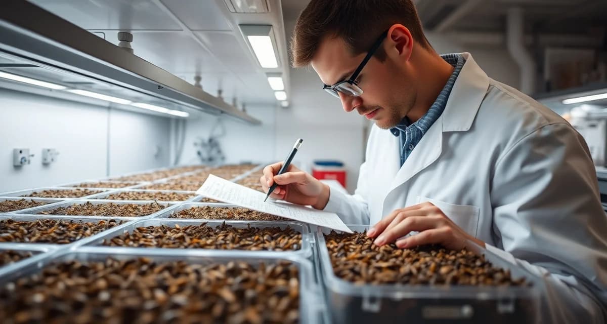 Research-grade cricket colony documentation and tracking Entomology researcher documenting cricket colony data in laboratory with organized breeding containers and detailed tracking records for research-grade insect production.