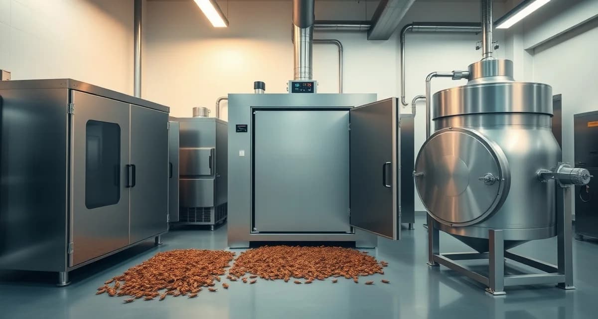 Industrial cricket drying equipment comparison Comparison of four cricket drying methods including freeze-drying, convection oven, drum drying, and air drying equipment for insect protein production.