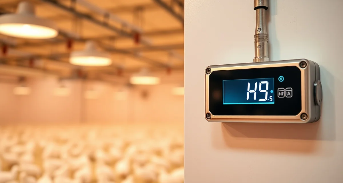 Ammonia monitoring technology for cricket farming operations Digital ammonia NH3 monitor displaying safe ppm levels in a professional cricket farm facility with proper ventilation systems