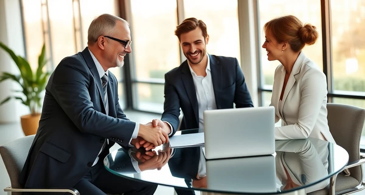 Cricket farm founder securing angel investment for insect protein startup Professional handshake between cricket farm entrepreneur and angel investor in modern office, discussing insect protein business funding opportunity