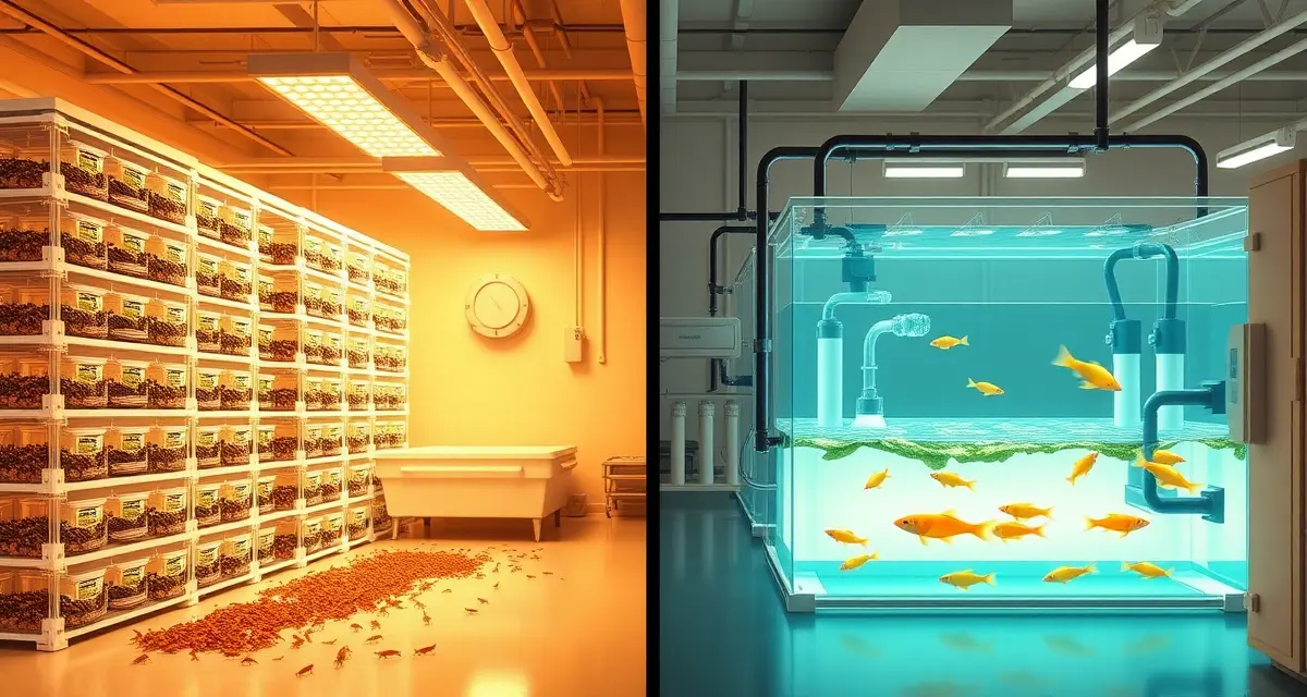 Cricket farming vs aquaculture investment comparison Side-by-side comparison of cricket farming facility and aquaculture RAS system showing infrastructure and capital requirements for alternative protein production.