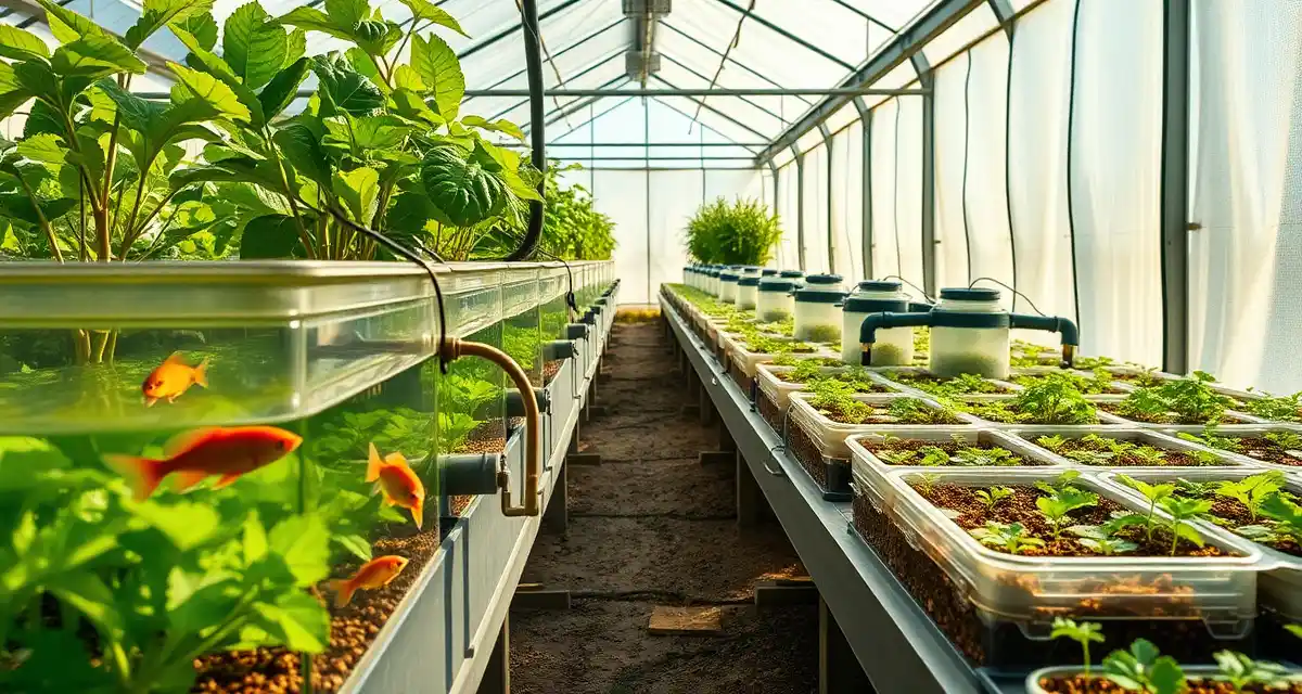 Closed-loop cricket aquaponics integration Integrated cricket farm aquaponics system showing closed-loop sustainable protein production with fish tanks and growing beds