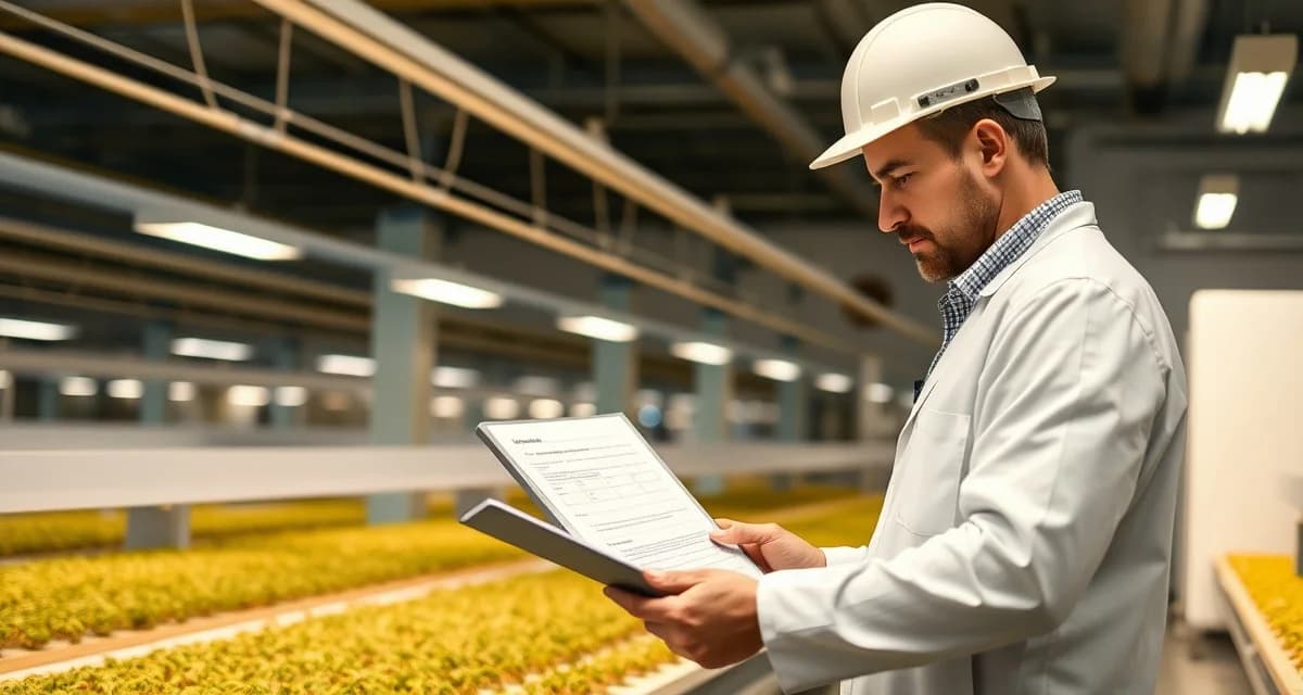 FDA compliance audit preparation for cricket farming operations Cricket farm audit preparation: compliance reviewer examining documentation in an organized insect protein production facility.