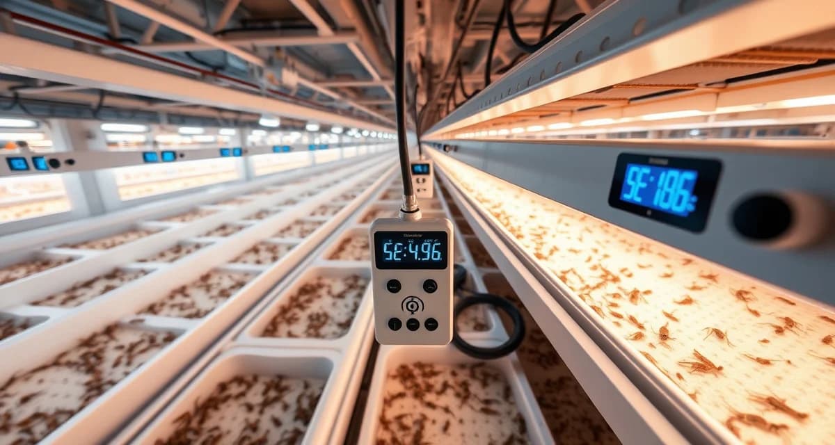 Cricket farm monitoring system setup with sensors Automated monitoring sensors installed in cricket farm bins for real-time temperature and humidity tracking to prevent crop losses.