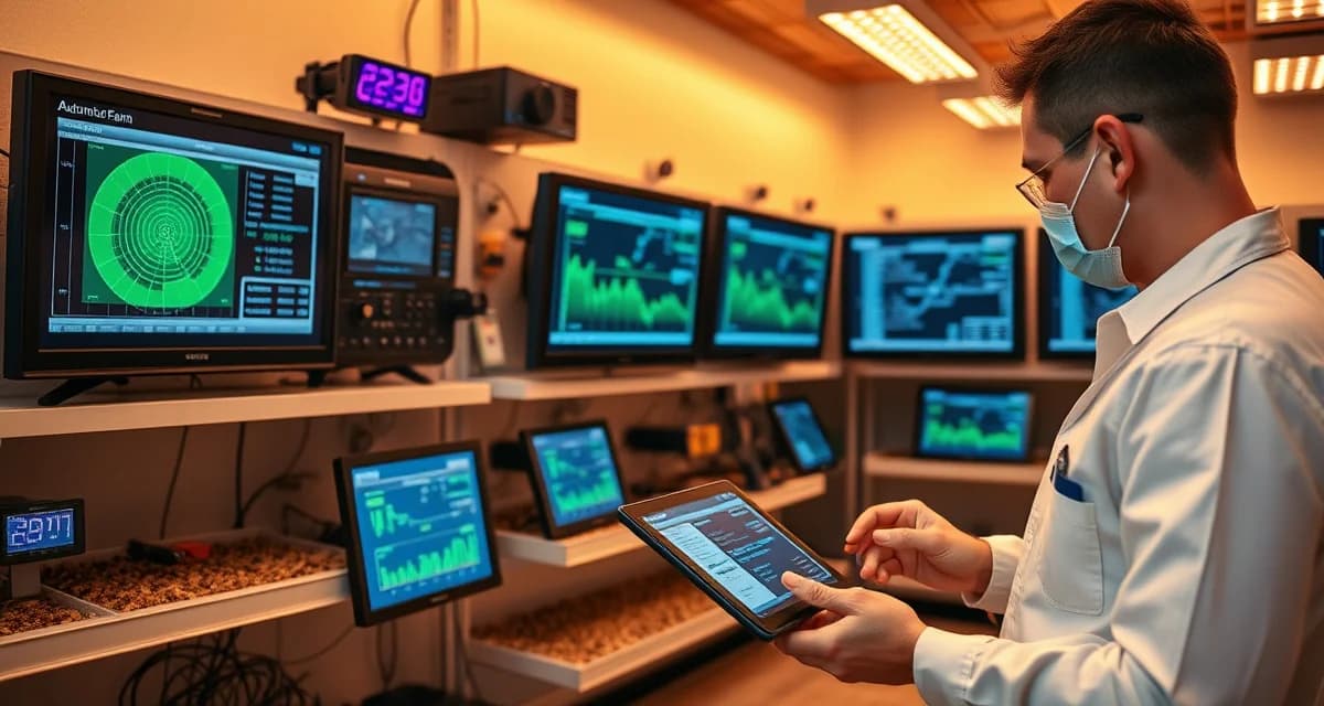 Automated monitoring systems for cricket farming operations Cricket farm automation control dashboard showing temperature and humidity sensors integrated into farm management software for operational efficiency.