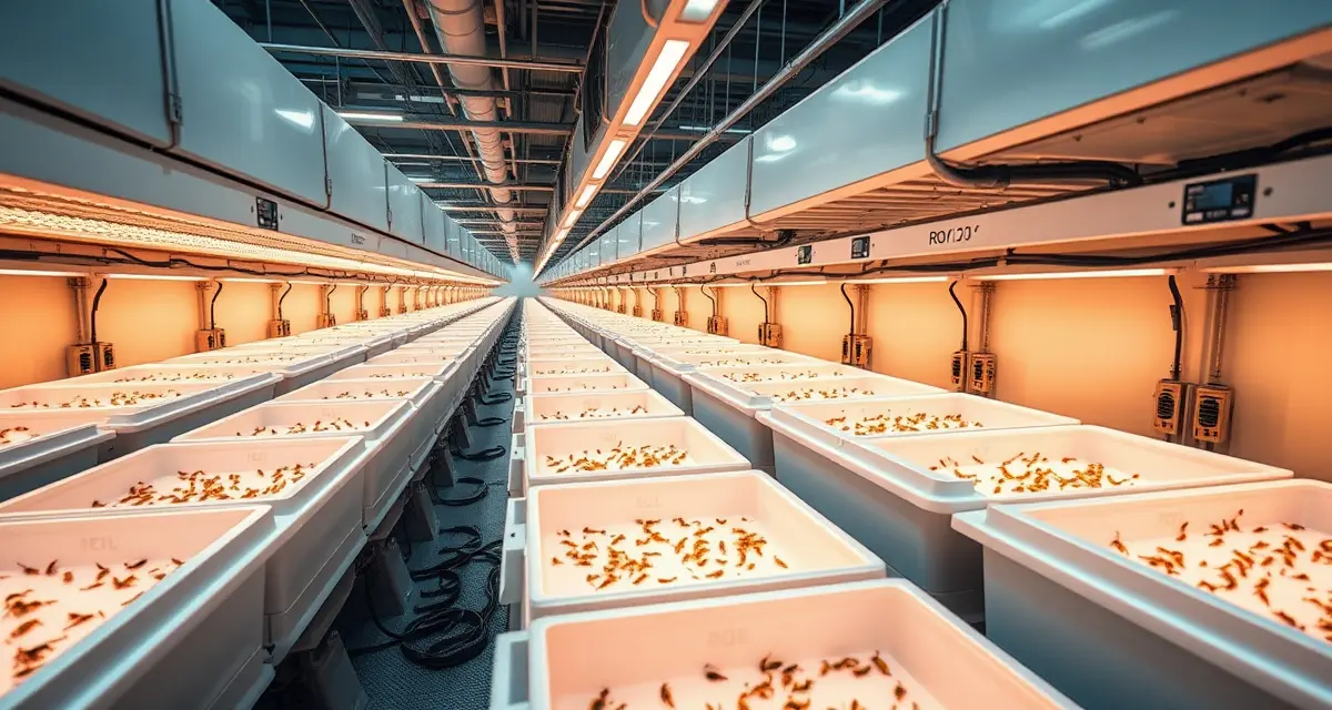 Cricket farm automation technology ROI analysis Modern cricket farm with automated temperature sensors and feeding systems calculating ROI on equipment upgrades