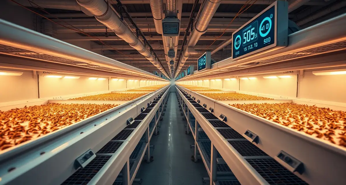 CricketOps sensor automation system in commercial cricket farming operation Automated cricket farm with sensor-equipped bins monitoring temperature and humidity for optimal insect protein production efficiency