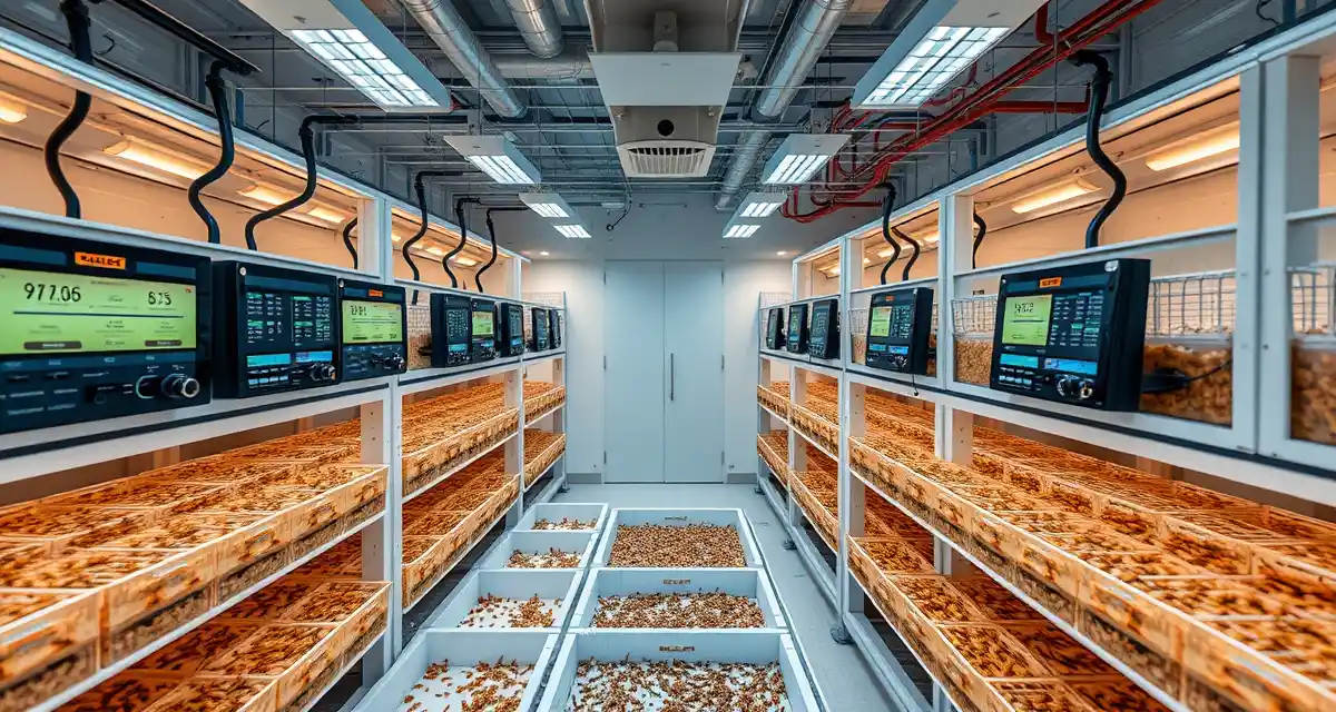Cricket farm automation technology and equipment setup Automated cricket farming facility showing feed delivery systems and environmental control automation for efficient insect protein production