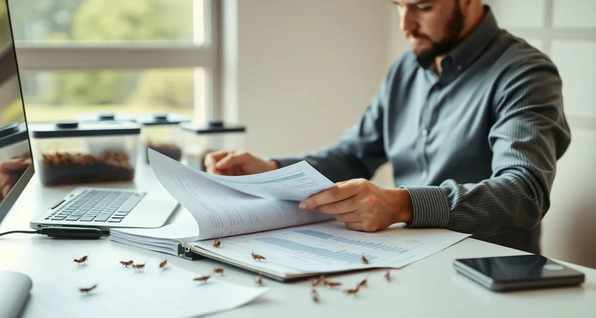 Financial management for insect protein operations Cricket farmer analyzing balance sheet with live cricket inventory and accounting ledgers on desk