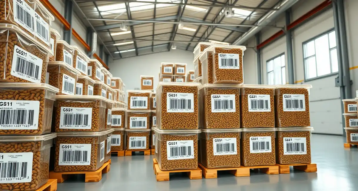 Professional batch tracking in cricket farming operations Cricket farm batch numbering system with GS1-compatible labels on organized protein containers for retail traceability and warehouse management.