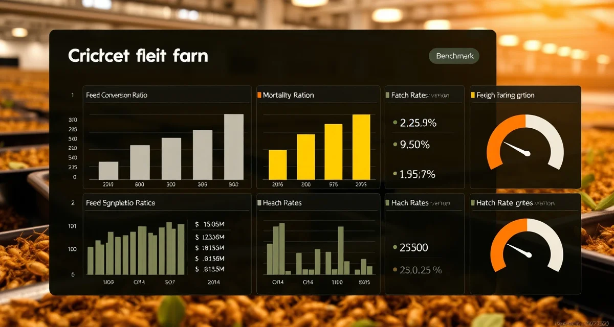 Performance metrics benchmark visualization for professional cricket farming Cricket farm benchmarks dashboard displaying FCR, die-off rate, and hatch rate performance metrics for Acheta domesticus operations.