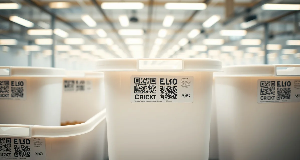 QR code labeling system for cricket farm bin organization Cricket farm bins with QR code labels for efficient bin tracking and data management in insect protein production operations