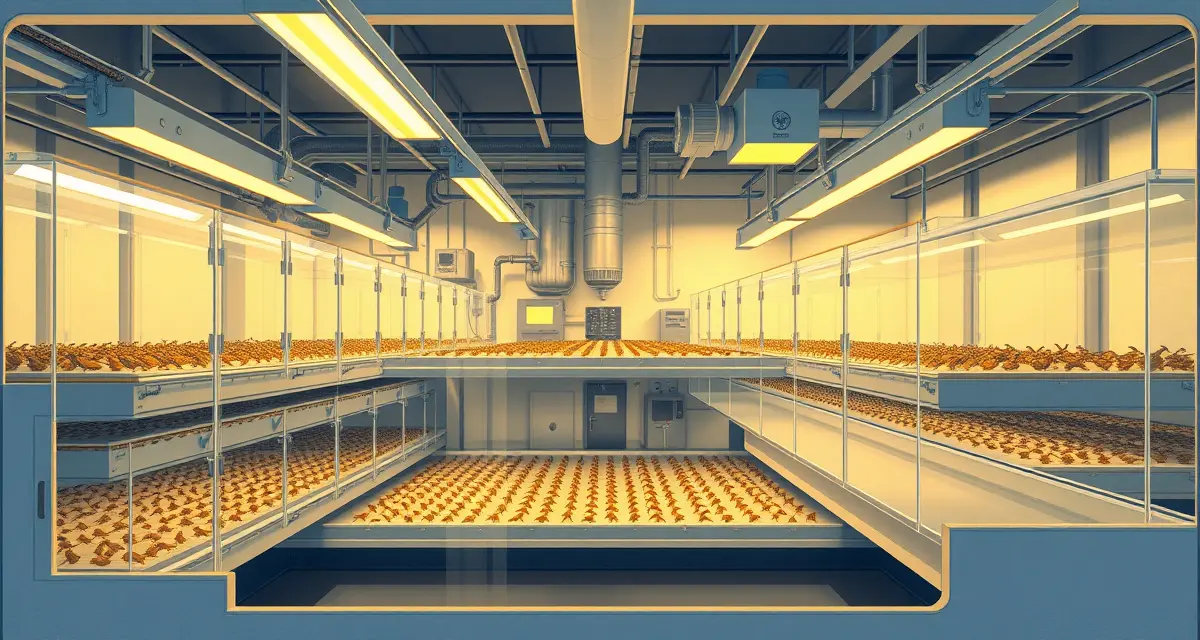 Modern insect farm containment design Cross-section diagram of cricket farm biocontainment facility with sealed enclosures and ventilation filtration systems