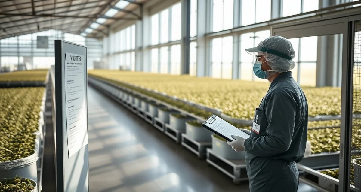 Professional visitor management system at certified cricket farming operation Cricket farm biosecurity checkpoint with staff member managing visitor log documentation at facility entrance