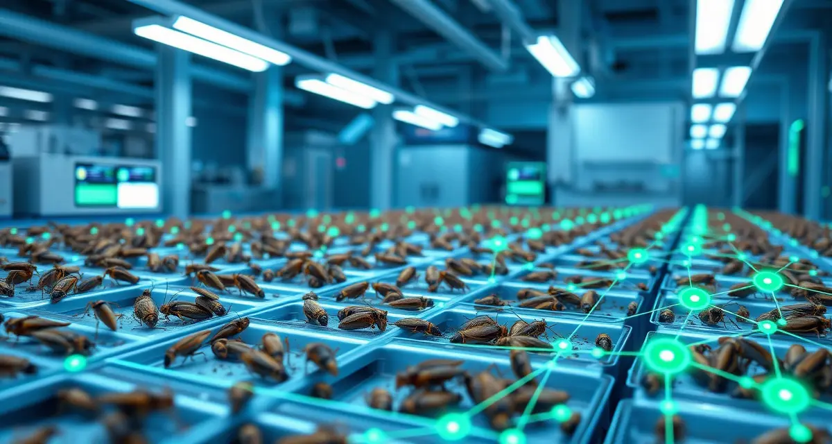 Blockchain implementation in cricket farming operations Cricket farm blockchain traceability system showing supply chain tracking and production cost analysis for insect protein operations.