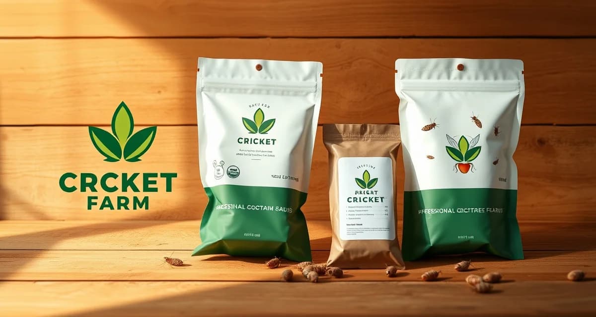 Cricket farm branding visual identity system Professional cricket farm brand identity design showing logo, packaging, and visual identity system for insect protein production business