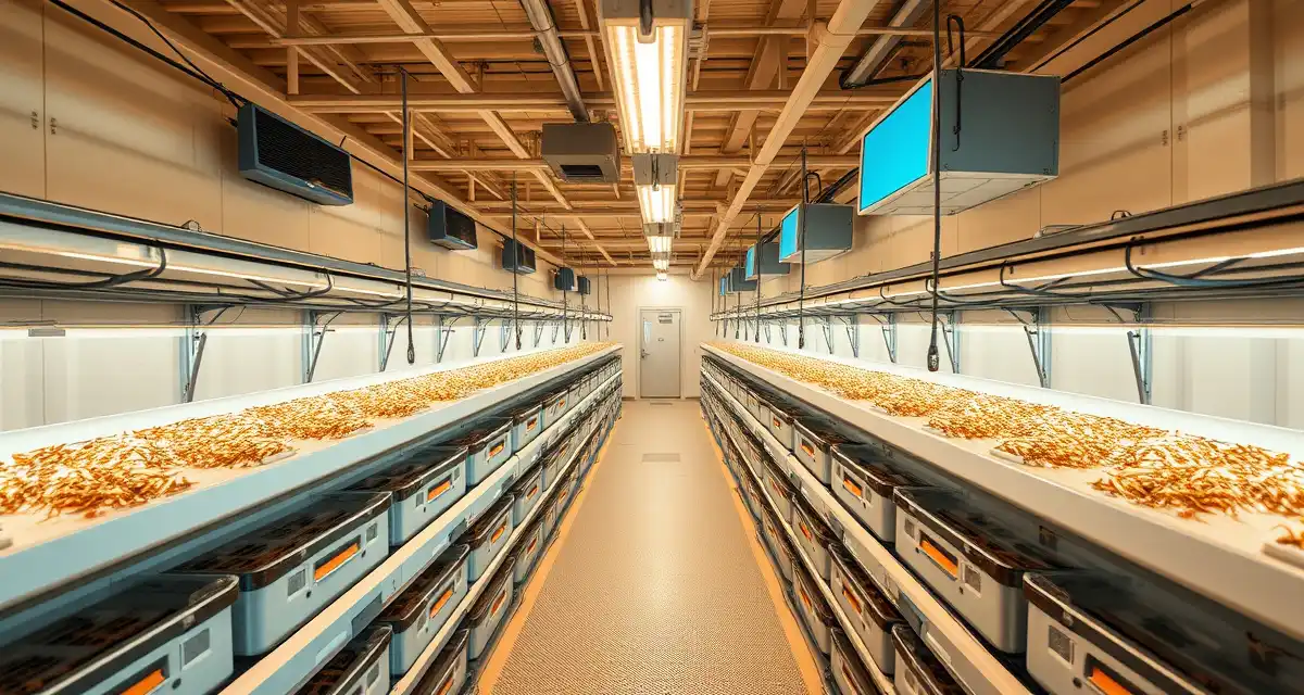Professional cricket farming operation setup Modern cricket farm facility with organized rearing containers and climate control systems for insect protein production business planning.