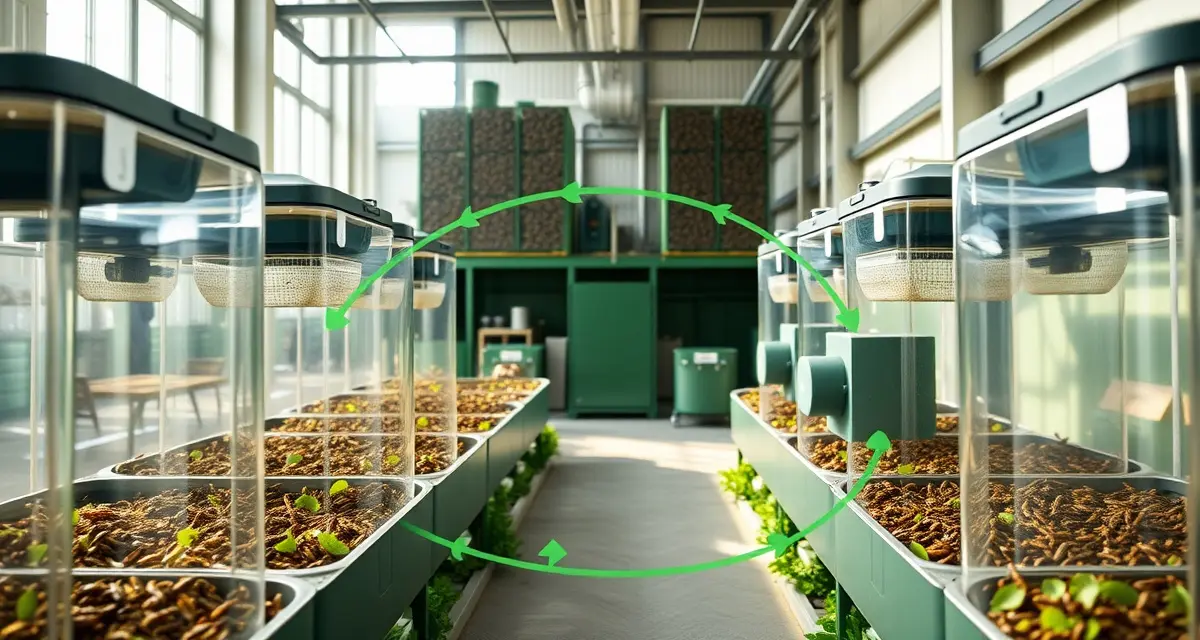 Zero-waste cricket farming circular economy model Circular economy cricket farm showing 95% waste diversion with sustainable farming containers and agricultural byproduct conversion systems