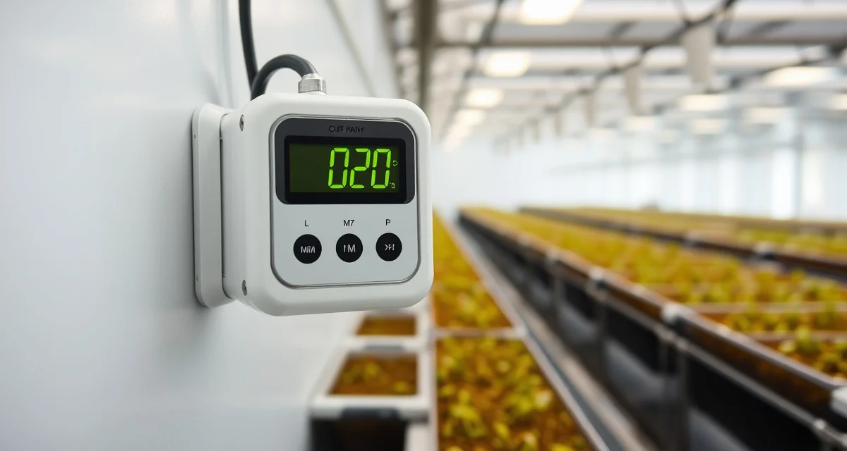 CO2 monitoring equipment for cricket farming operations Digital CO2 monitoring device displaying ppm levels in a professional cricket farm facility with ventilation infrastructure visible
