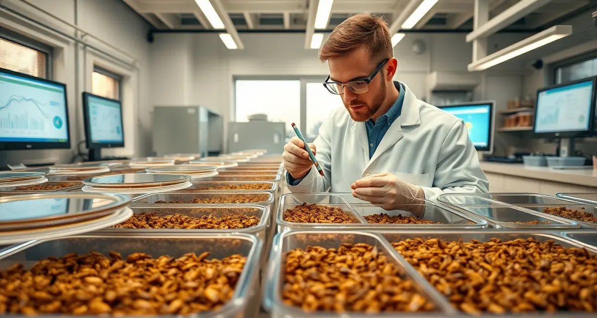 Professional cricket farm production facility for insect protein manufacturing Cricket farming operation showing insect protein production process with quality control and data monitoring for B2B ingredient buyers