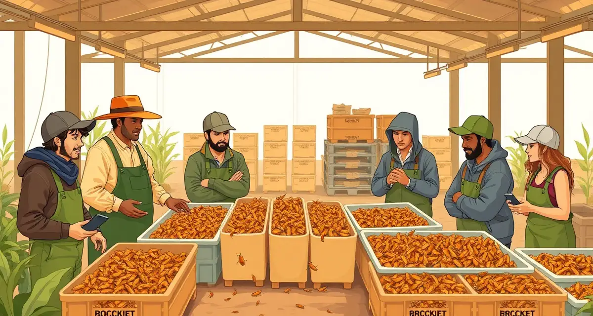 Cooperative farming model for cricket producers Cricket farmers collaborating in a cooperative structure to pool resources and access shared distribution networks for increased revenue.